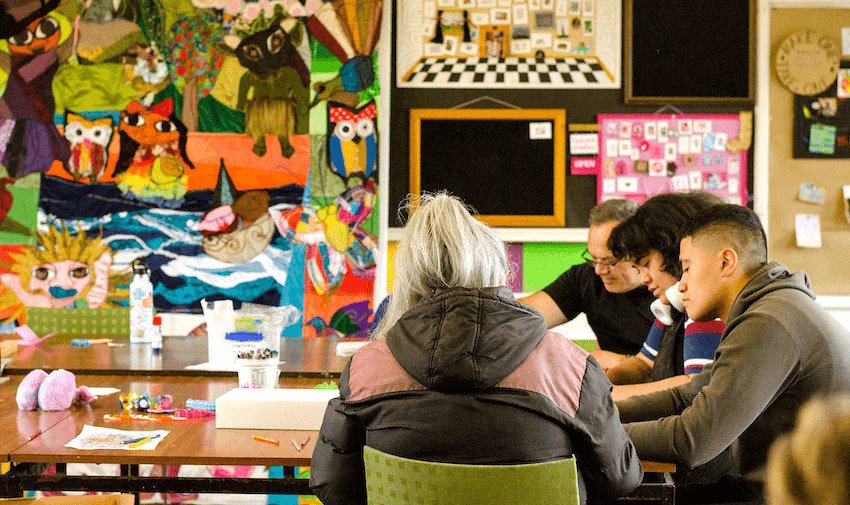 A classroom plastered with art