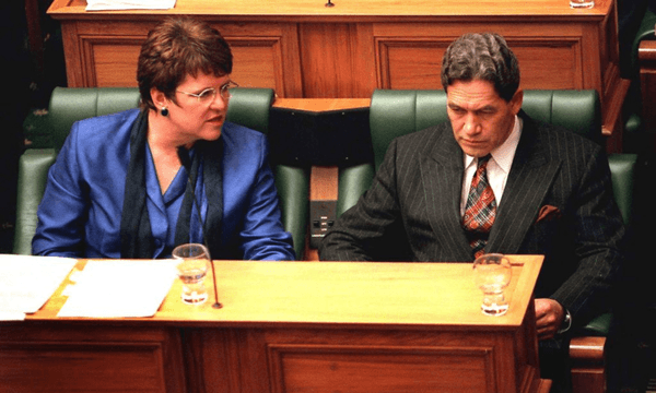 Jenny Shipley and Winston Peters in parliament in August 1998, with the coalition on the brink. Photo: The Dominion/AFP/Getty 
