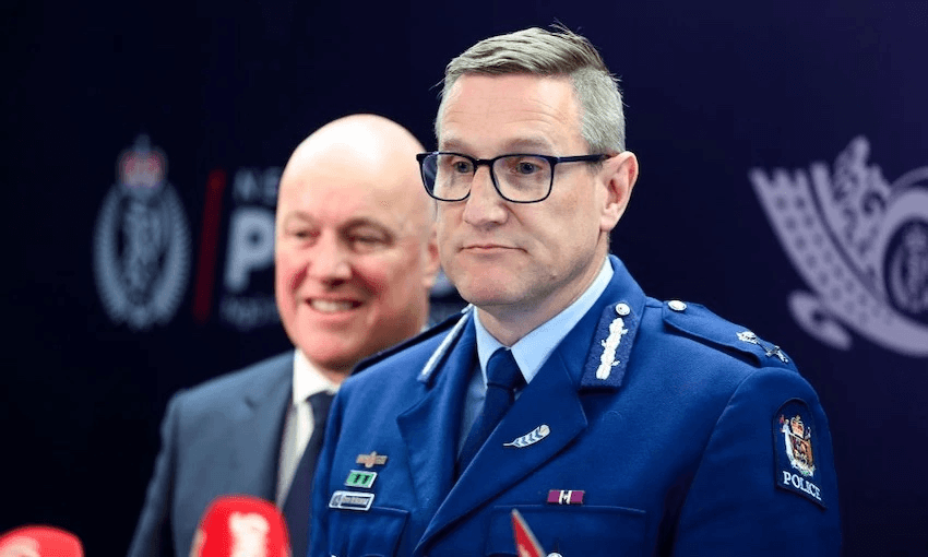 Jevon McSkimming speaks to media alongside Chris Luxon in September 2024 (Photo: Hagen Hopkins/Getty Images) 
