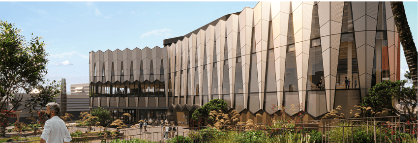 An artist's impression of a large new building that looks like huge feathers are part of the outer structure. 