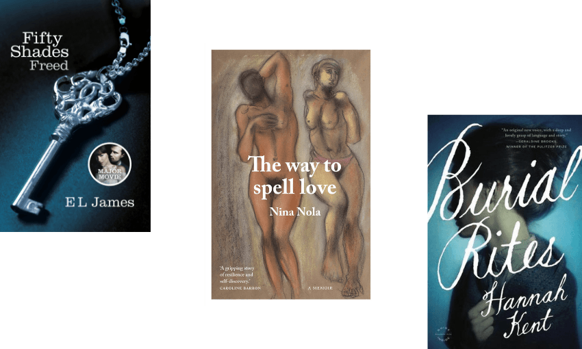 Three book covers descending. 