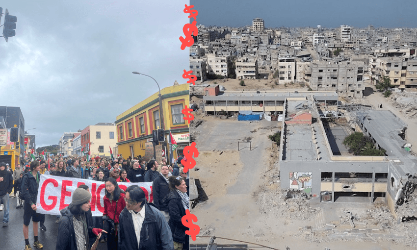 Left, University Workers for Palestine attending a rally. Right, a destroyed school campus in Gaza on November 2 2025. (Image: Supplied/Getty) 
