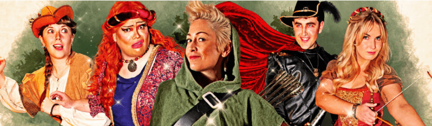 An illustrated banner with pantomime characters from Robin Hood.