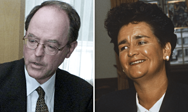 Don Brash, governor of the Reserve Bank, and Ruth Richardson, finance minister. Photos: Getty 
