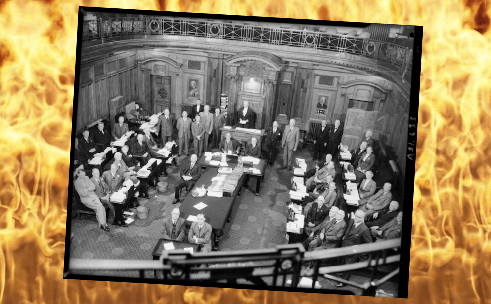 The final sitting of the Legislative Council, December 1950 (Photo by W Wilson. Tourist and Publicity. Ref: 1/2-019120-F. Alexander Turnbull Library, Wellington, New Zealand. /records/22342554) 
