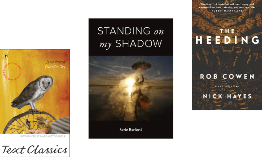 Three book covers descending. 