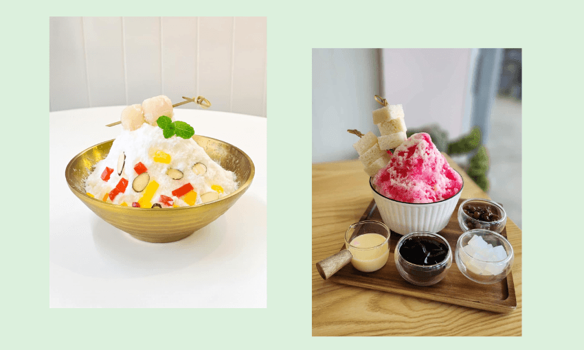 Two bowls of snow ice with brightly coloured fruit topppings