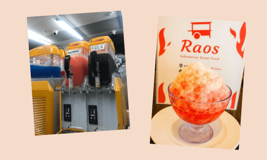 A picture of a slushy machine with blue, orange and brown slushy mix inside, and a bowl of white and orange ice dessert