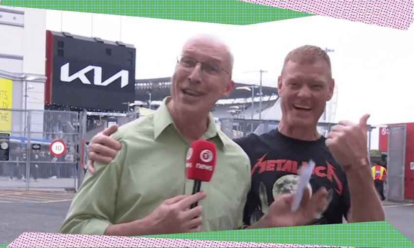 ‘Fucking fantast-’: 1News at Six crosses live to Metallica’s bogan paradise