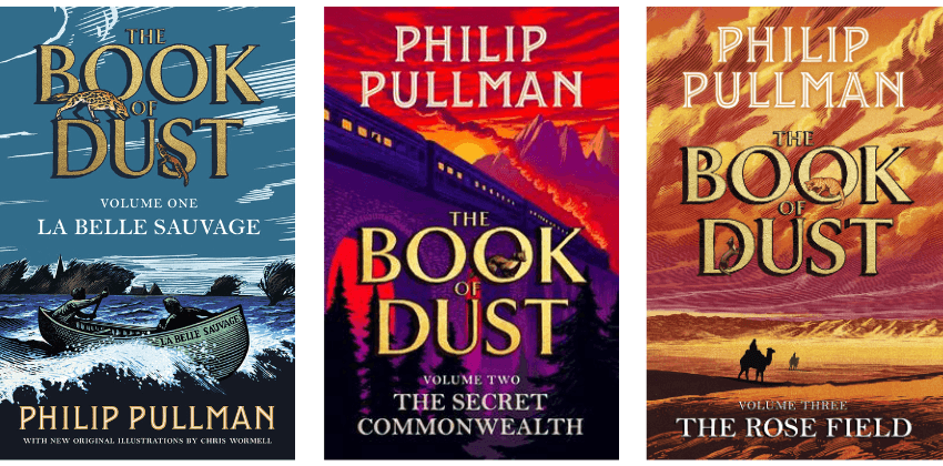 The three book covers in the book of dust trilogy by Philip Pullman. 