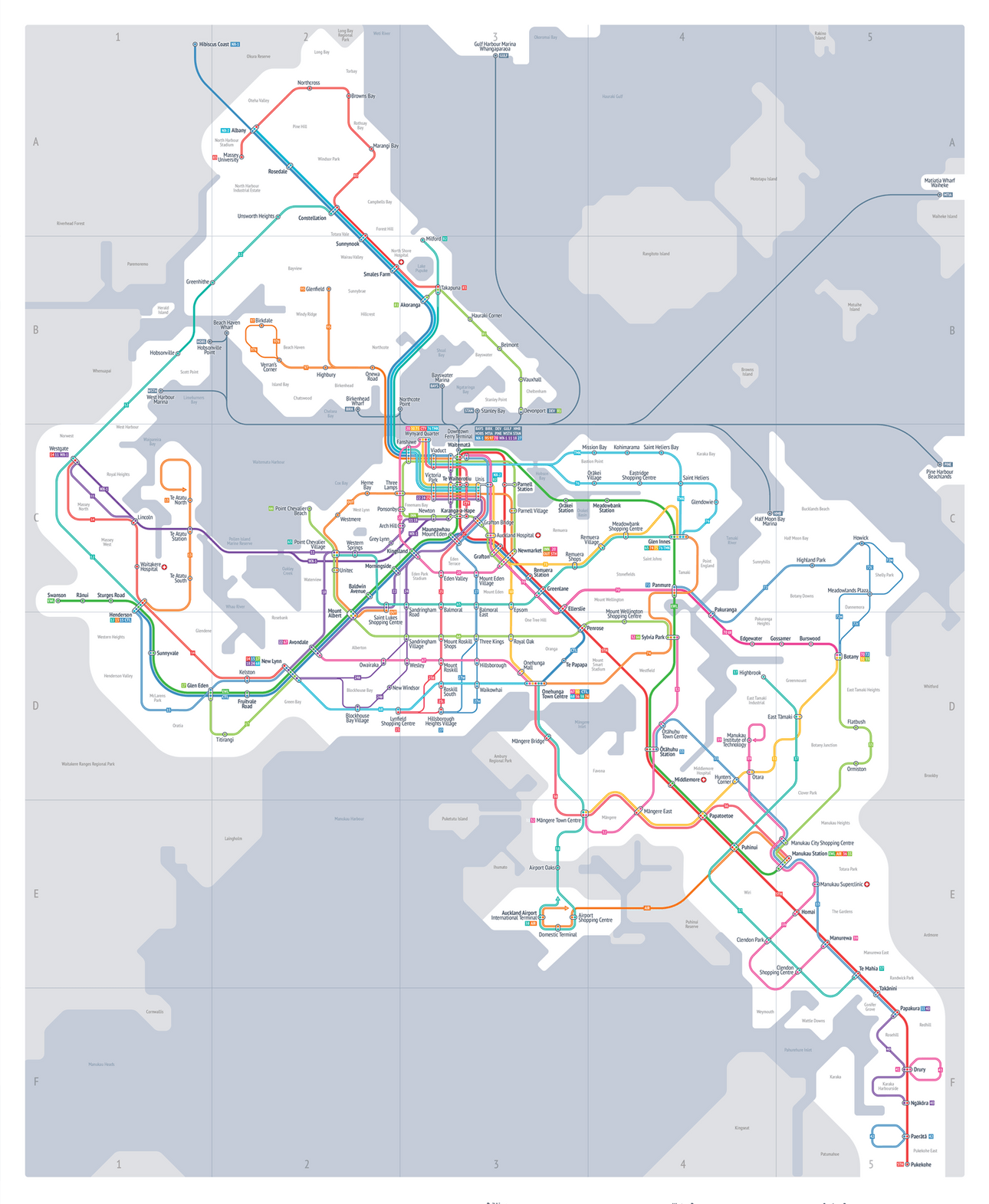 A stylized transit map with multiple colored lines and station names, resembling a subway or metro map of a large city, with lines intersecting and looping over a geographic background.