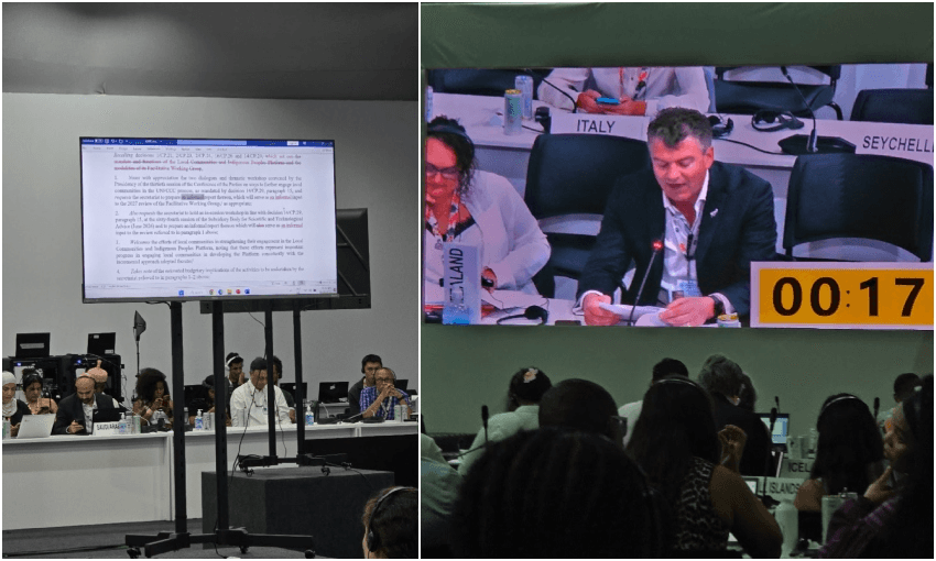 A large conference room shows delegates seated at long tables, with a screen displaying text on the left and a close-up of a speaker with a countdown timer reading "00:17" on the right. Country signs like Italy and Seychelles are visible.