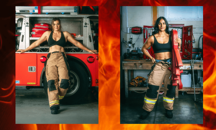 Two professional full length portraits of firefightersm both wearing sports bras and firefighter pants, posing in a fire station