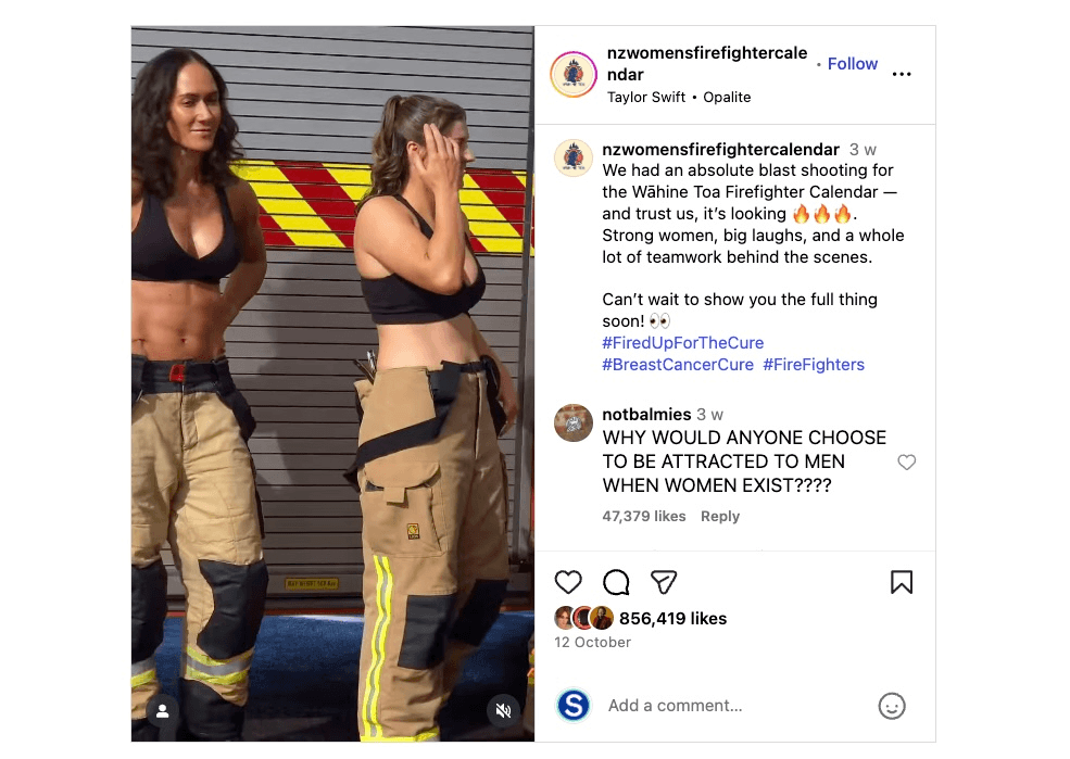 A screenshot of the teaser video posted to instagram showing firefighters in uniform during the photoshoot, with adoring comments