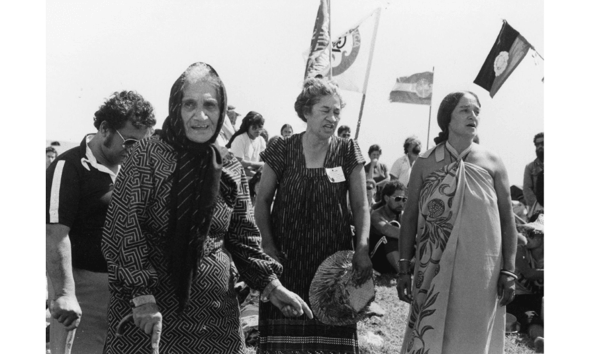 Dame Whina Cooper, Eva Rickard, Titewhai Harawira in a black and white photo, attending a march