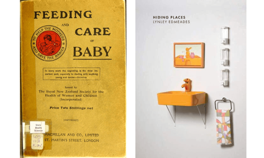 Two book covers side by side: the left is an historic book about caring for babies, the right is a new book by Lynley Edmeades called Hiding Places.