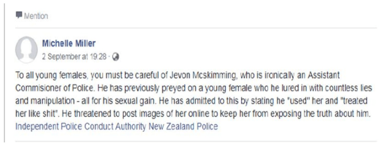 A Facebook post warns young females about Jevon Mcskimming, an Assistant Commissioner of Police, accusing him of manipulation and threats. A link to the Independent Police Conduct Authority of New Zealand is included.