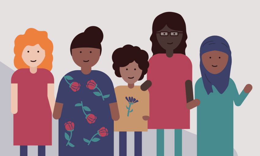 Cartoon women stand in a row, smiling.