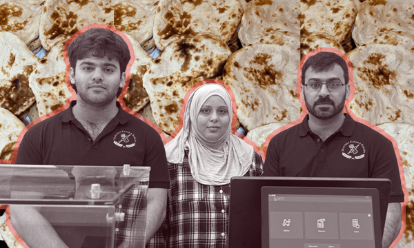 Morteza Saebouri, right, with his wife Frabia Albaghobeish and son Abdolnaser Saebouri, against a backdrop of their delicious flatbread (Photos: Nick Iles; design The Spinoff) 
