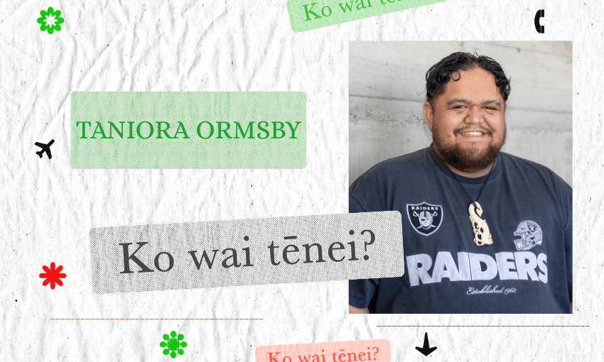 A smiling man with dark hair and a beard wears a Raiders T-shirt and necklace. Beside him is text: "TANIORA ORMSBY" and "Ko wai tēnei?" on a textured background with small flower and airplane icons.
