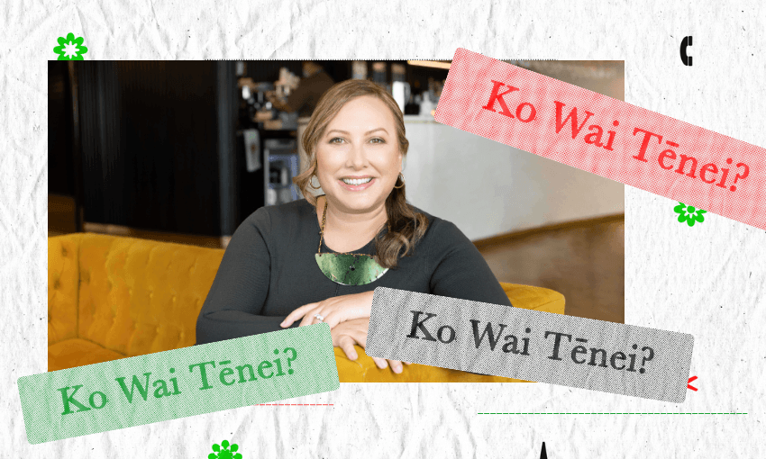 A woman with light brown hair smiles while sitting on a yellow couch. Around her are three text boxes saying "Ko Wai Tēnei?" in green, red, and grey, on a white textured background.