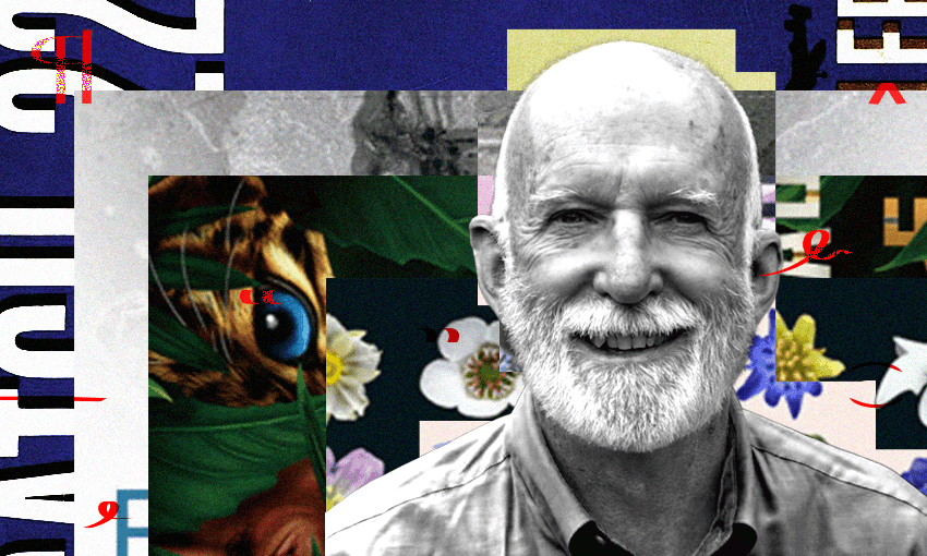 A black and white photo of Philip Garnock-Jones who is an older man with a beard and moustache. Behind him is a collage of book covers.