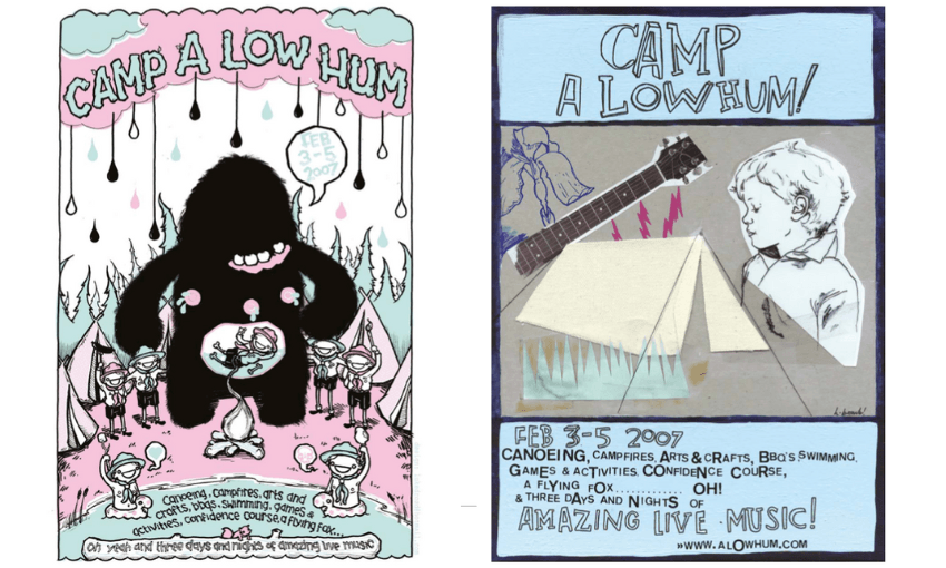 Two different poster designs for Camp A Low Hum 2007 side by side.