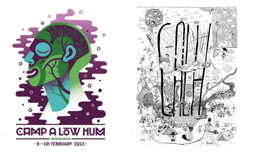 Two posters for Camp A Low Hum 2013 side by side. 
