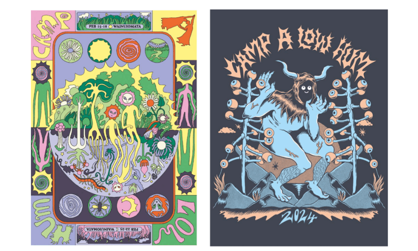 Two posters for Camp A Low Hum 2024 side by side.