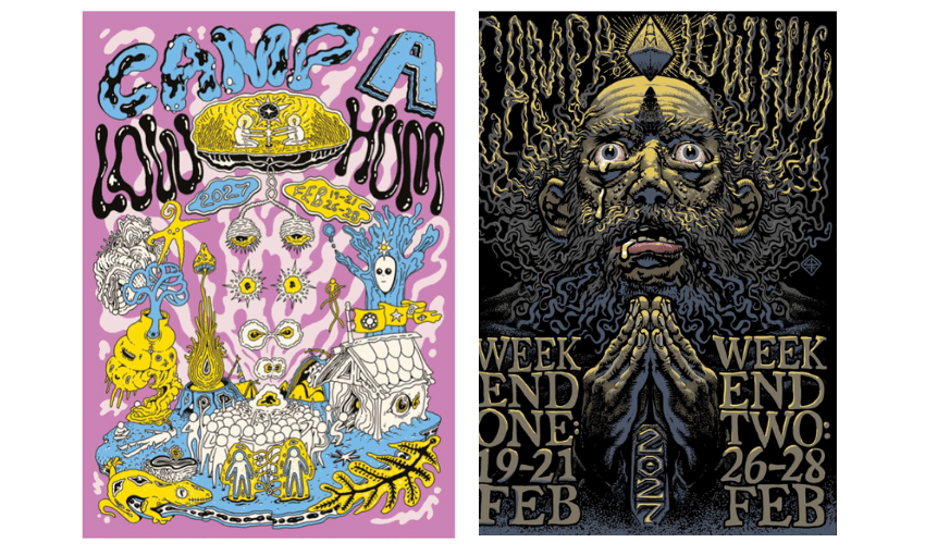 Two posters for Camp A Low Hum 2027 side by side.