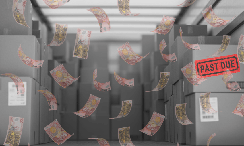 A warehouse filled with boxes is shown in grayscale, with colorful currency notes floating in the air. A bold red "PAST DUE" stamp appears on the right side of the image.
