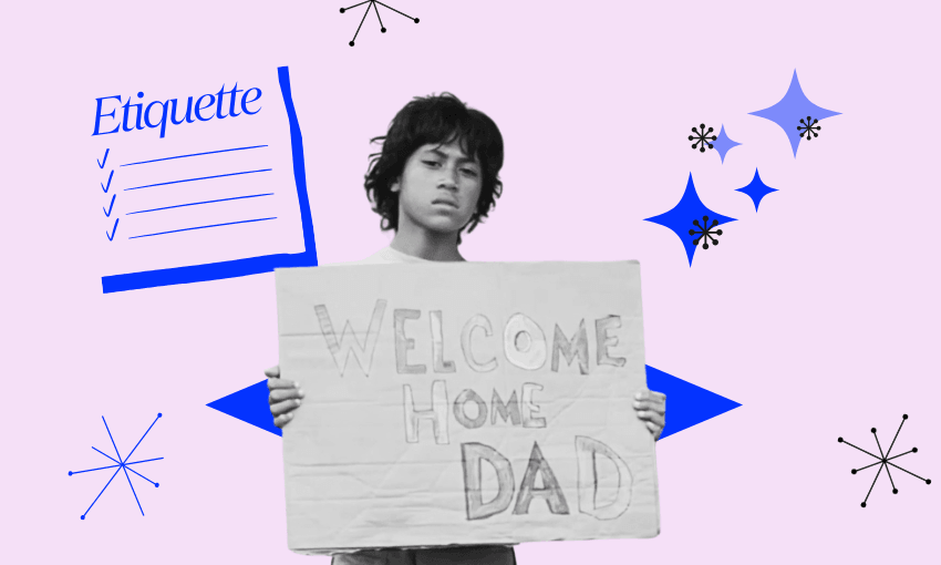 A young person stands holding a handmade sign that says "WELCOME HOME DAD" on a light purple background with blue doodles, stars, and the word "Etiquette" written above a checklist.