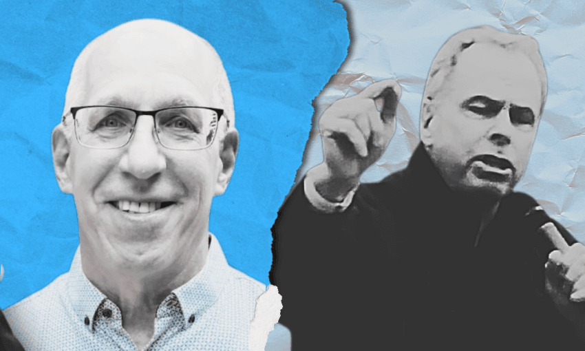 A split image shows a smiling bald man with glasses on the left in color, and a grayscale man on the right speaking passionately with one hand raised. The background features blue and wrinkled paper textures.