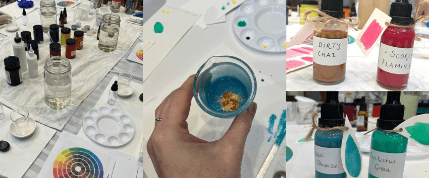 Three photographs showing a craft table of people making inks. There are different pots and colours. 