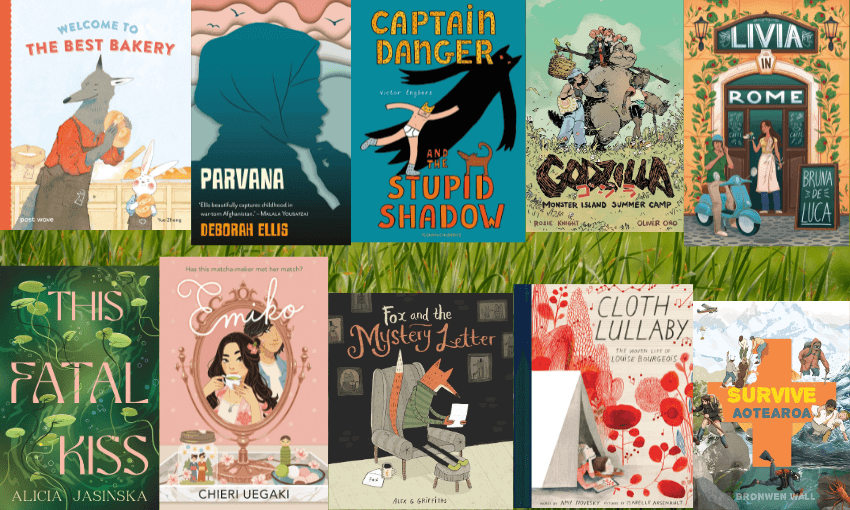 Ten book covers arranged in two rows with a photo of green grass in between.