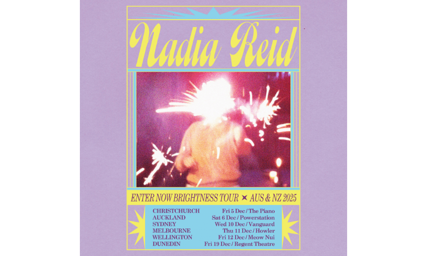 A poster for Nadia Reid's tour which is lilac with yellow writing and a photo of the musician in the middle.