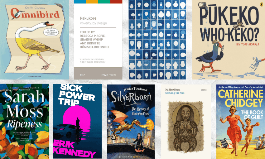 Two rows of book covers, nine in all, with crinkled paper behind them.