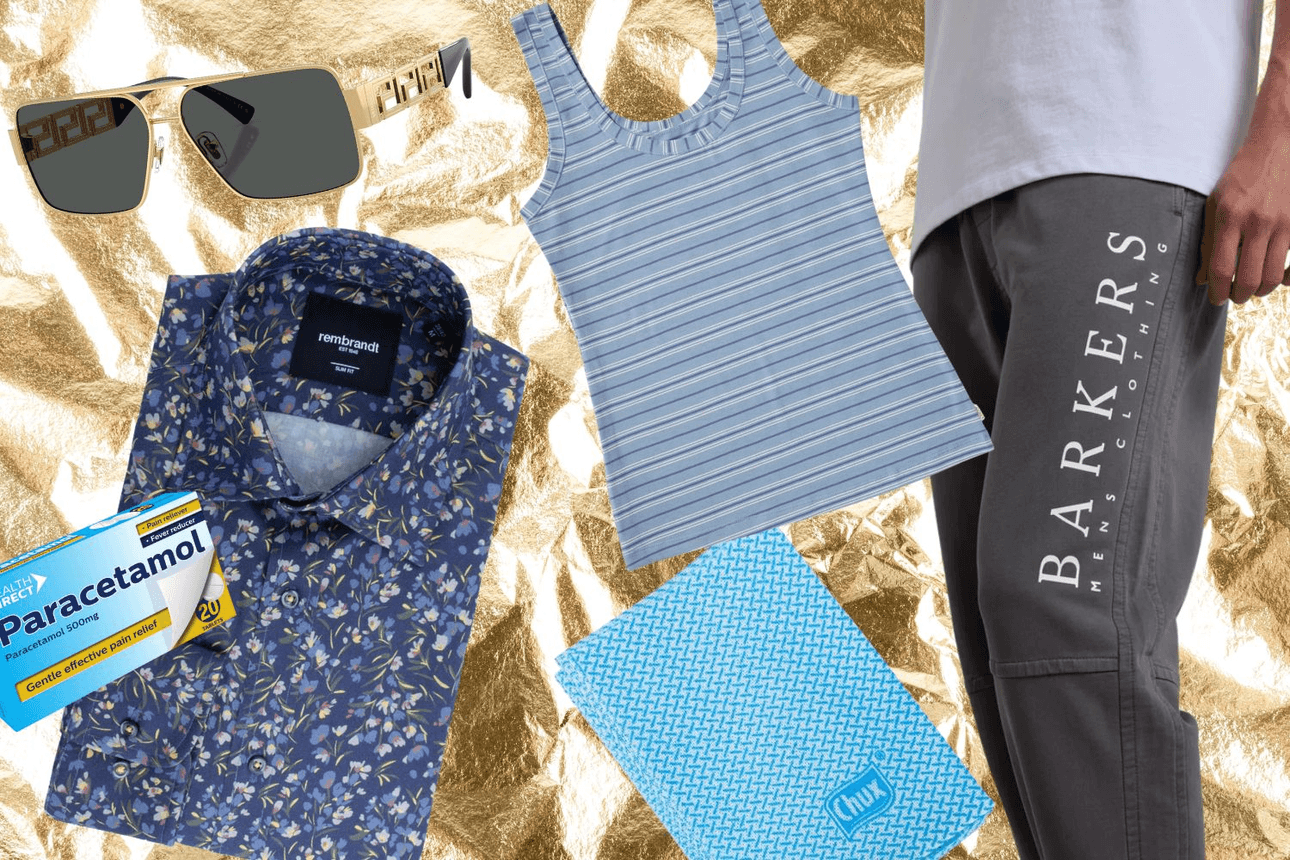 Rembrandt floral shirt $159; Versace sunglasses, $546 from Sunglass Hut; Jockey Woman camisole, $36.99, from Farmers; Barkers Organic Classic Track Pant $109.99; Paracetamol, $2.99 from Woolworths.