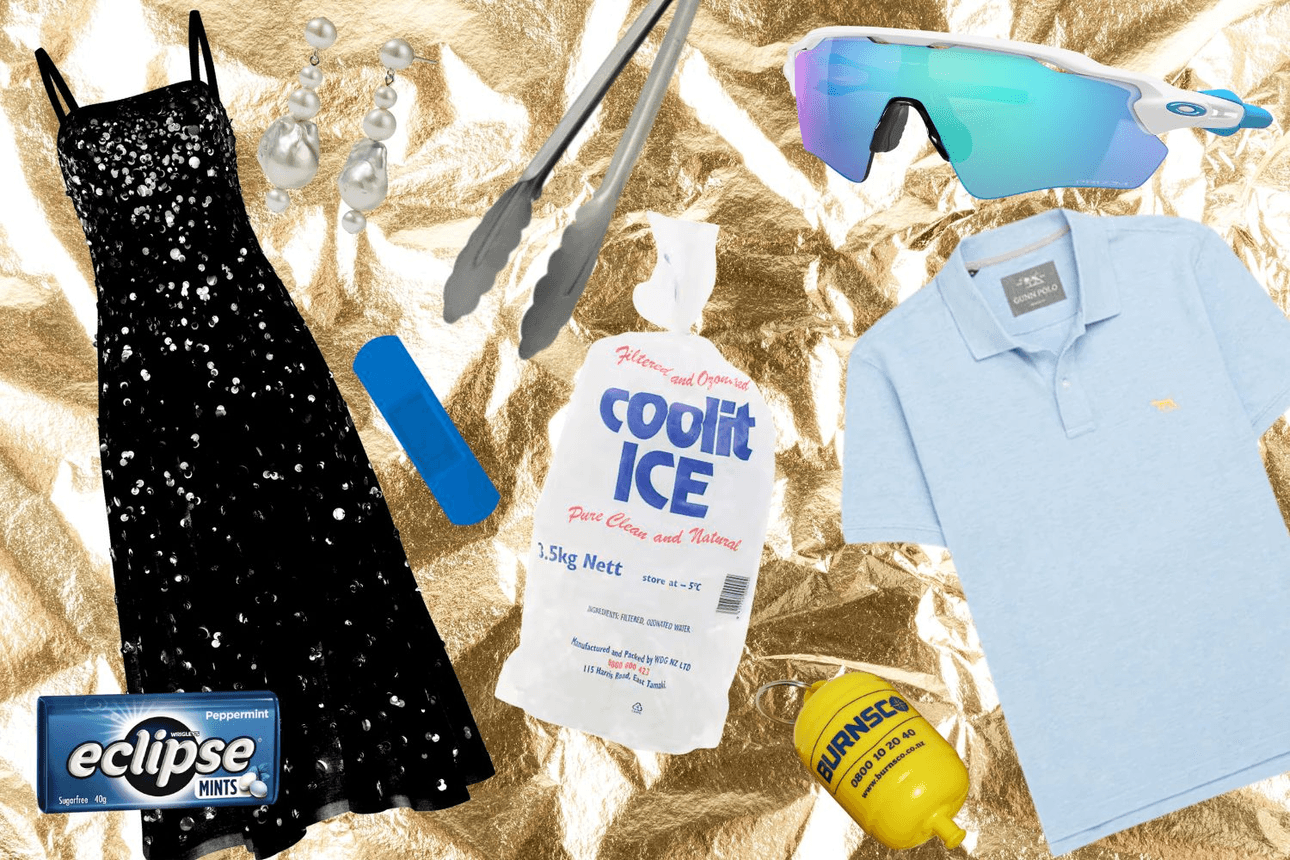 Trelise Cooper dress $799; Eclipse mints, $4.50, from The Warehouse; Coolit Party Ice, $4.50, from Woolworths; Meadowlark Earrings $659; Cuisipro tongues, $24.99, from Millies; Oakley sunglasses $363 from Sunglass Hut; Rodd & Gunn polo $79; Burnsco floating key ring $3.99