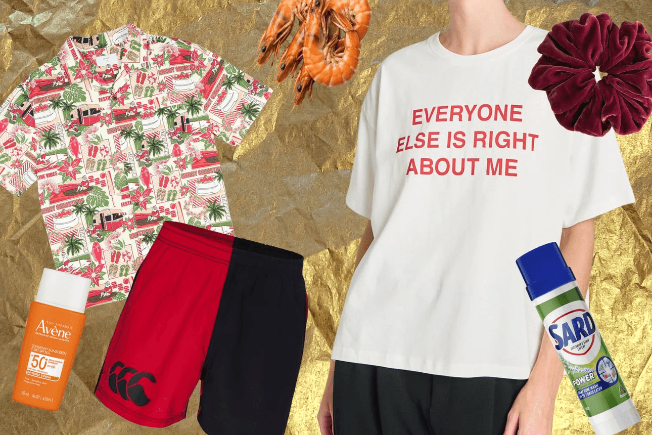 Hallensteins shirt $44.99; Canterbury Harlequin shorts $44.99; Avene sunscreen, $39.99, from Unichem’ Sard Stain Remover Stick, $6.99 from Woolworths; Twenty-seven Names T-shirt $260; Penny Sage velvet scrunchie, $60