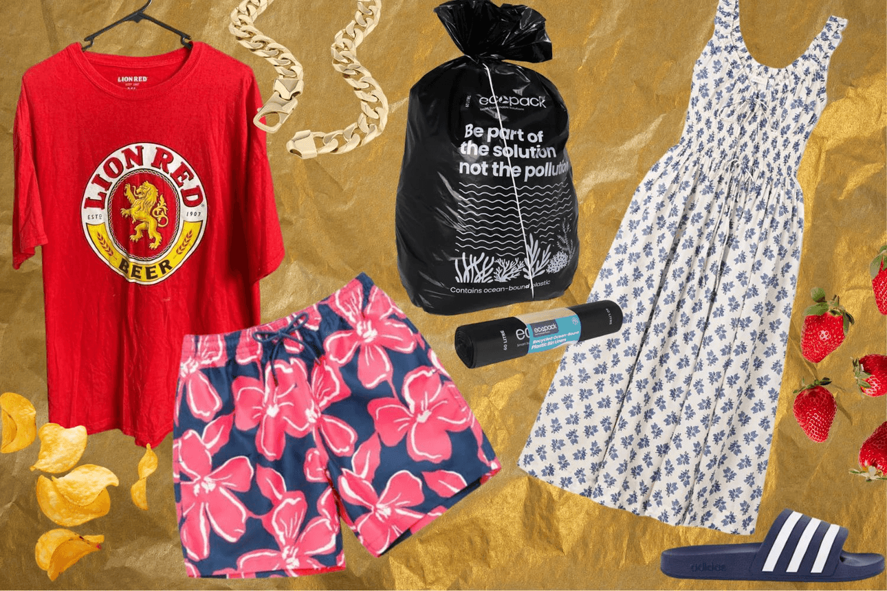 Rodd & Gunn swim shorts $99; Vintage Lion Red T-shirt from Designer Wardrobe; Dôen dress, $695, from Muse; Adidas slides, $44.99, from Platypus; Michael Hill 10kt gold chain $29,699; Ecopack garbage bags, $11.39, from Ecobags