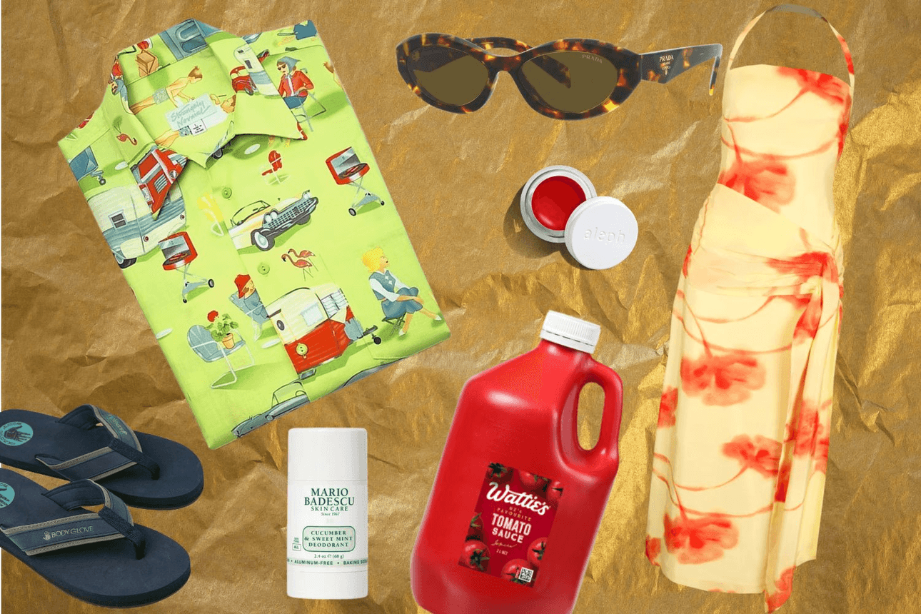 Patterned shirt and dress with other holiday accesories.