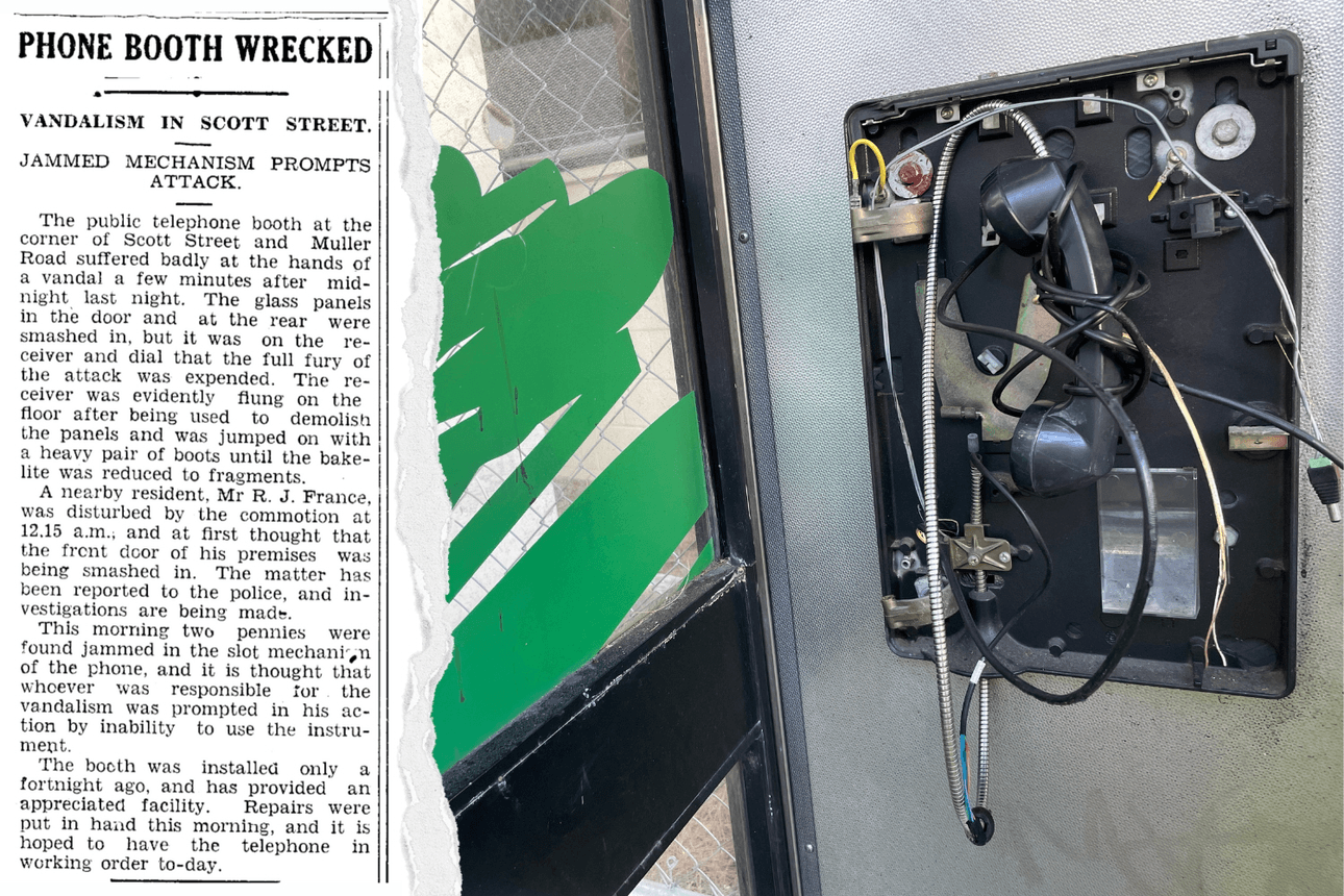Phone booth vandalism reported in Marlborough Express in 1946; a damaged phone on Eden Crescent, 2025