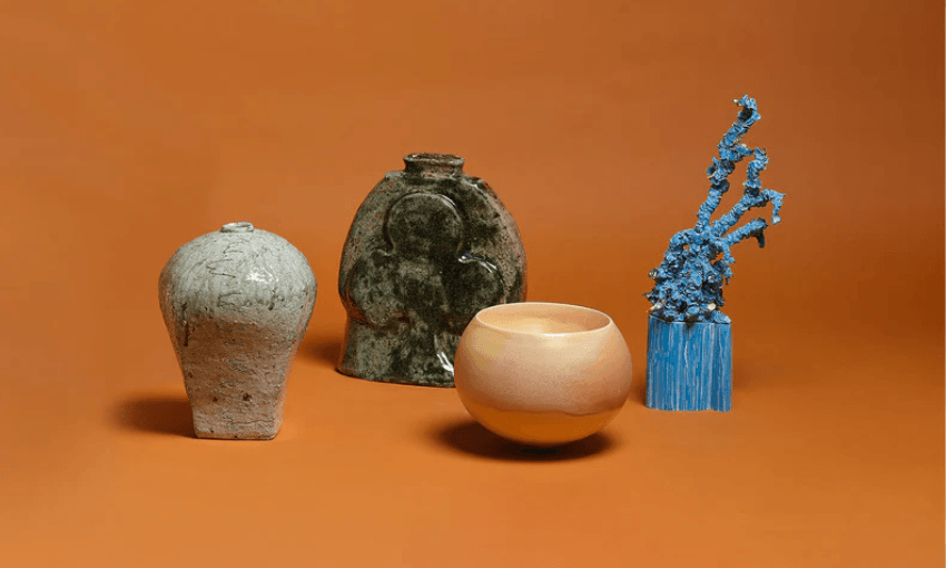 Four ceramic items arranged on terracotta surface. Each is different in shape and form and colour.