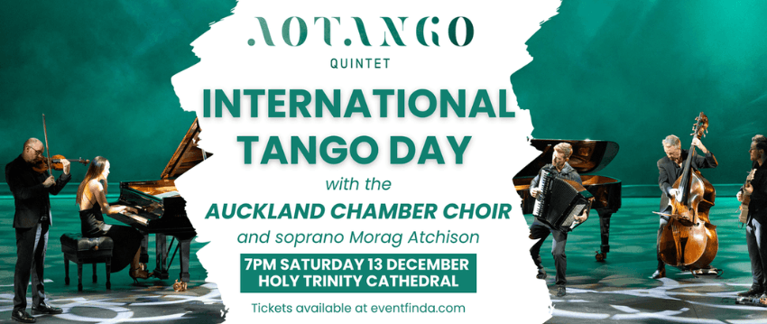 Promotional banner for international tango day which shows live musicians.