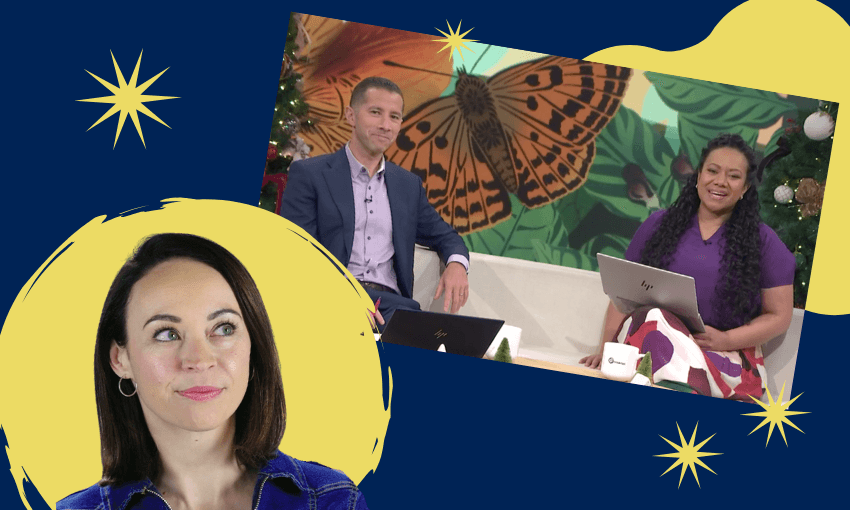 Tova O’Brien (left) and Breakfast’s Chris Chang and Indira Stewart (Design: The Spinoff)