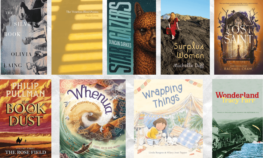 Two rows of book covers, nine in total, with crinkly paper behind them.