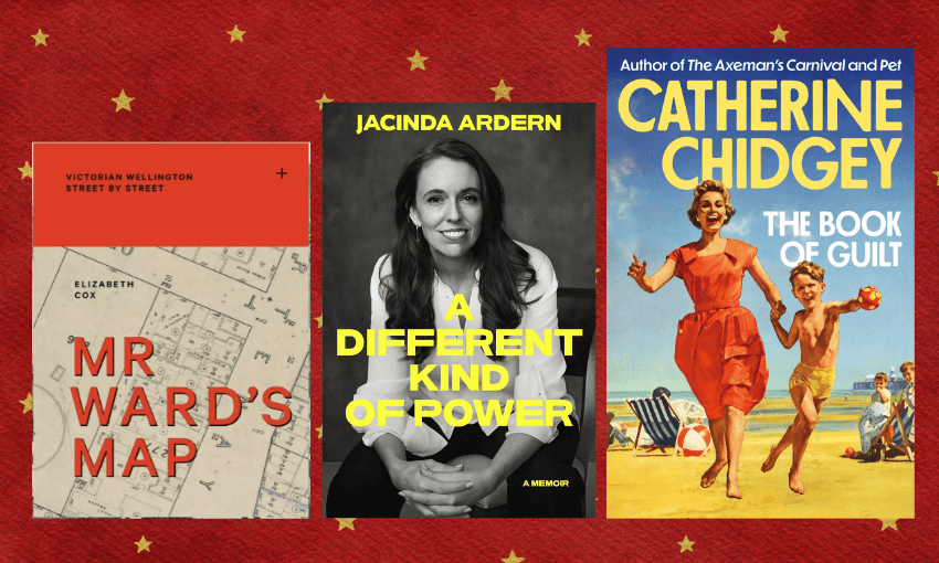 Three book covers in a row with a rich red fabric background that has gold stars on it.