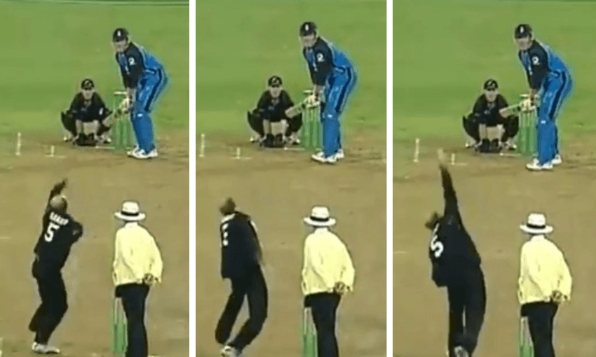 Three-panel image of a cricket match showing a bowler in black delivering a ball to a batter in blue, with an umpire and wicketkeeper also visible on a grassy pitch.