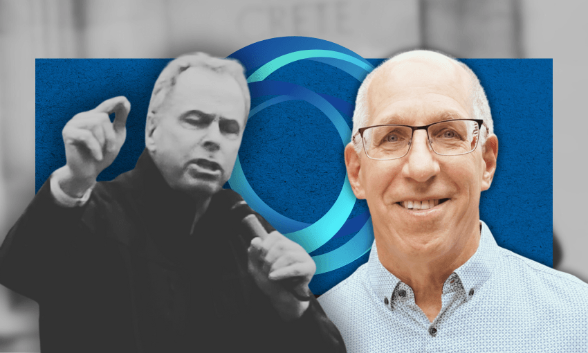 Two men are shown: one in black and white, speaking passionately with a microphone, and another in color, smiling at the camera, both in front of a blue background with circular graphic elements.